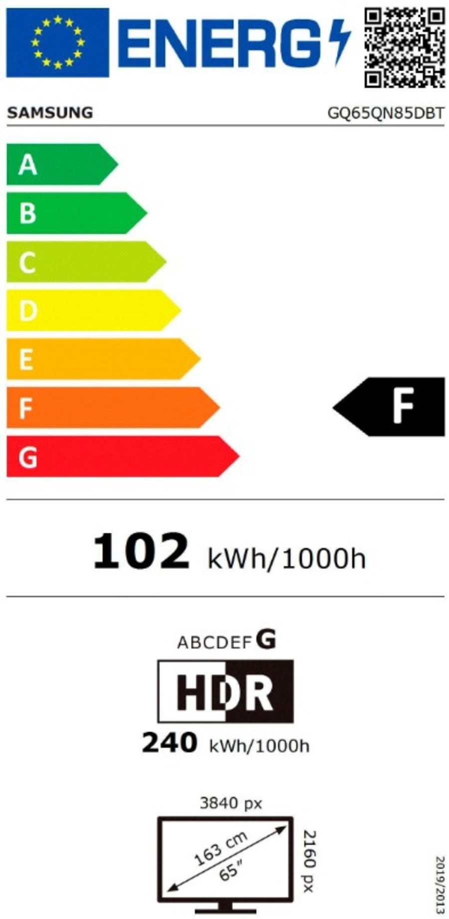 Energieeffizienzlabel Fernseher Samsung GQ65QN85DBT, Energieklasse F, 102 kWh/1000h