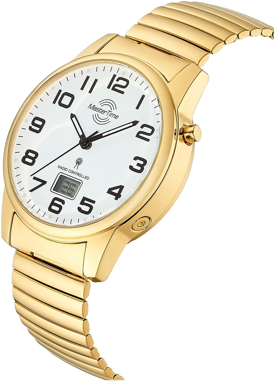 Goldene Armbanduhr mit weißem Zifferblatt und Funksteuerung