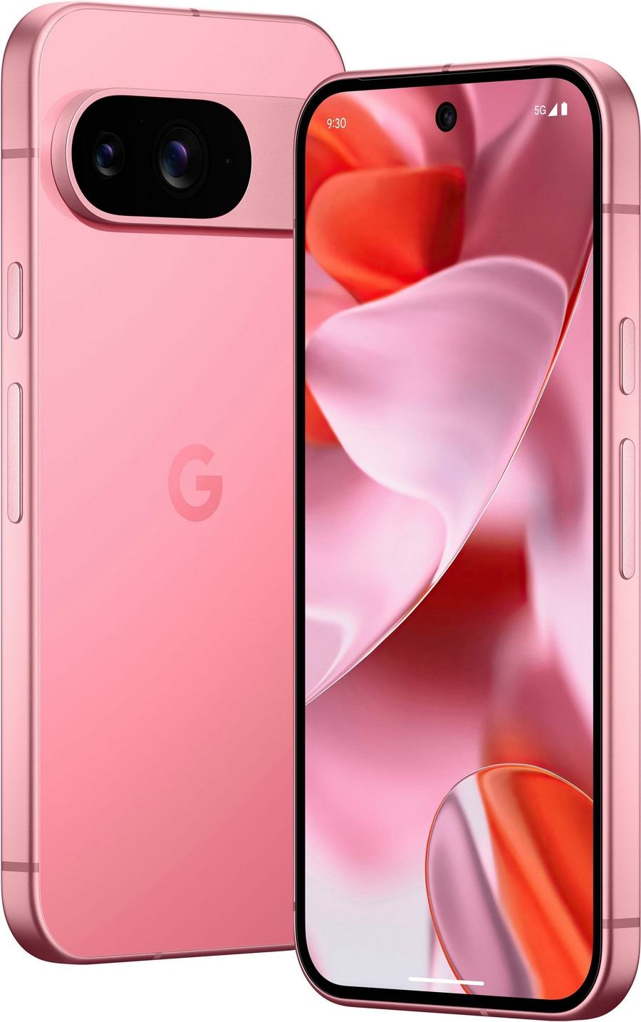 Ein pinkes Google Pixel Smartphone mit zwei Kameras auf der Rückseite und einem Bildschirm, der eine abstrakte rosa-orangefarbene Tapete zeigt.