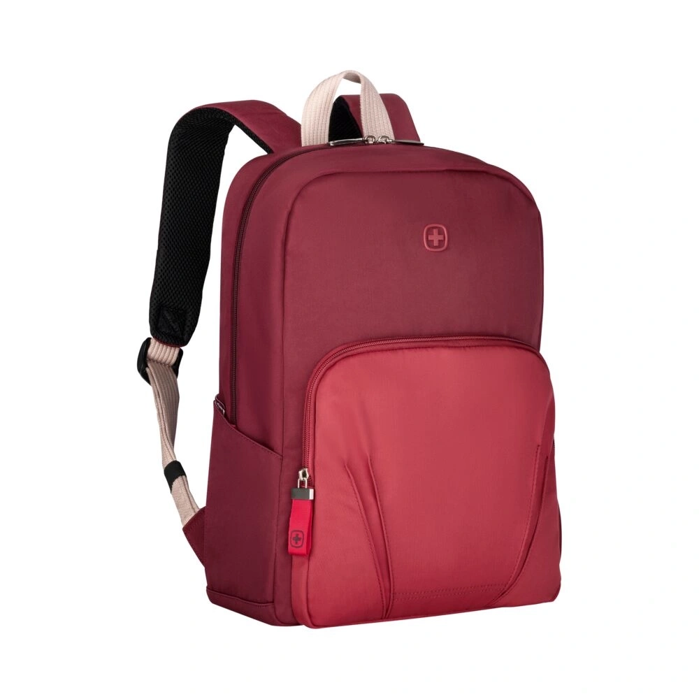 Roter Rucksack mit Reißverschluss und Logo, ideal für den täglichen Gebrauch und Reisen.