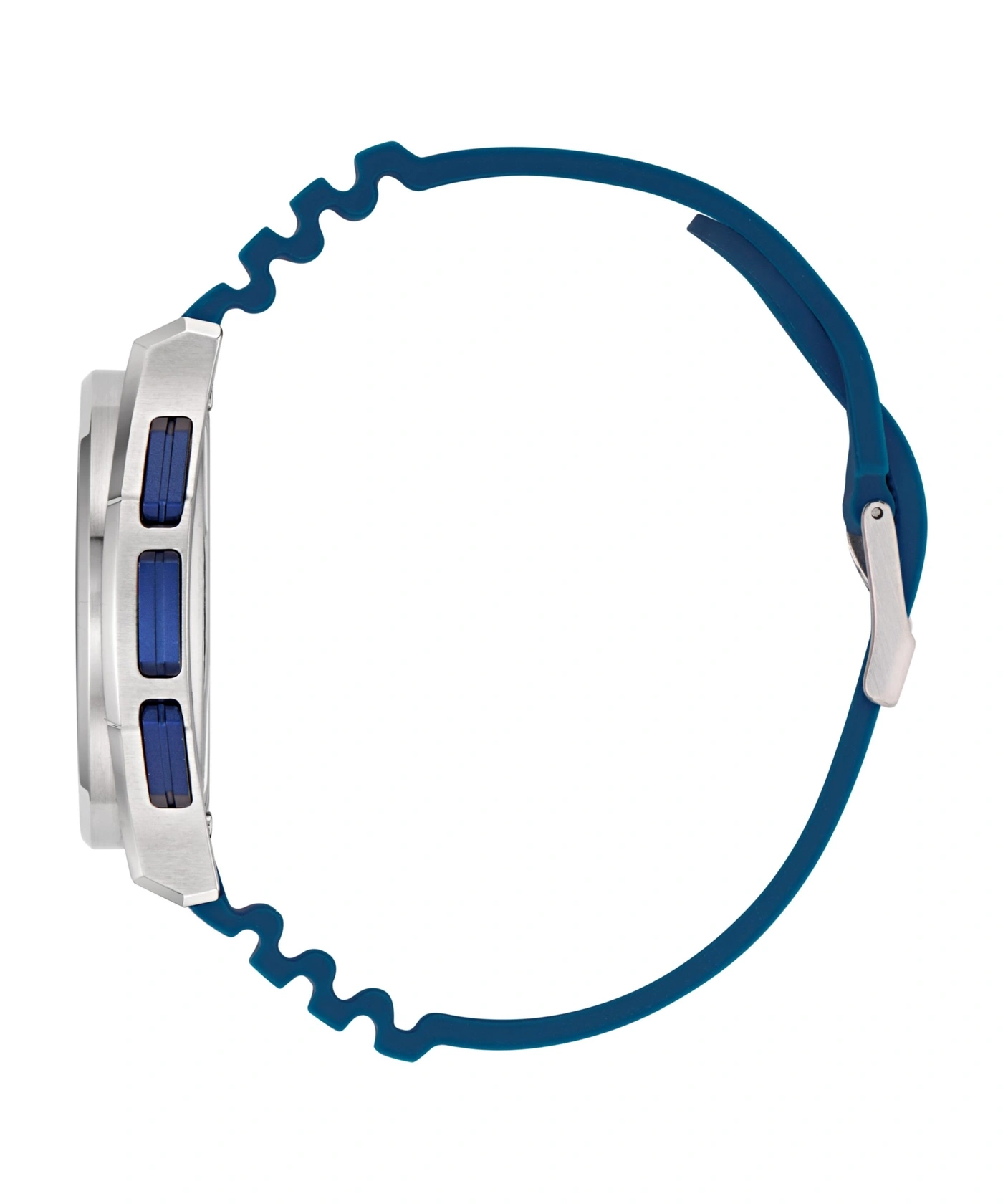 Eine digitale Armbanduhr mit blauem Gummiarmband und silbernem Gehäuse.