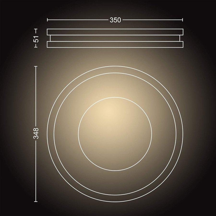 Kreisförmige Deckenleuchte mit Abmessungen von 350 mm und 348 mm, 51 mm hoch.
