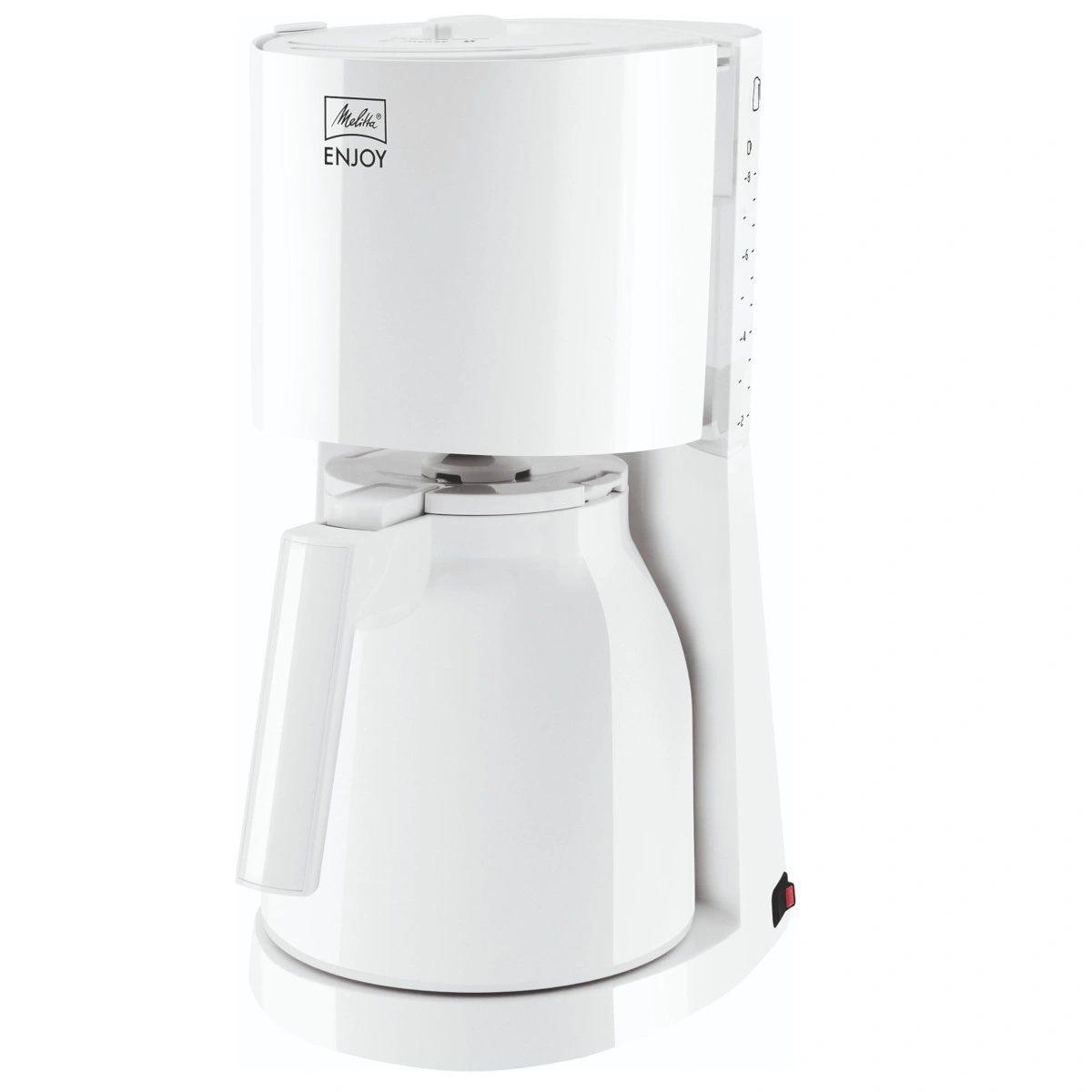 Weiße Kaffeemaschine mit Melitta-Logo und rotem Ein-/Ausschalter.