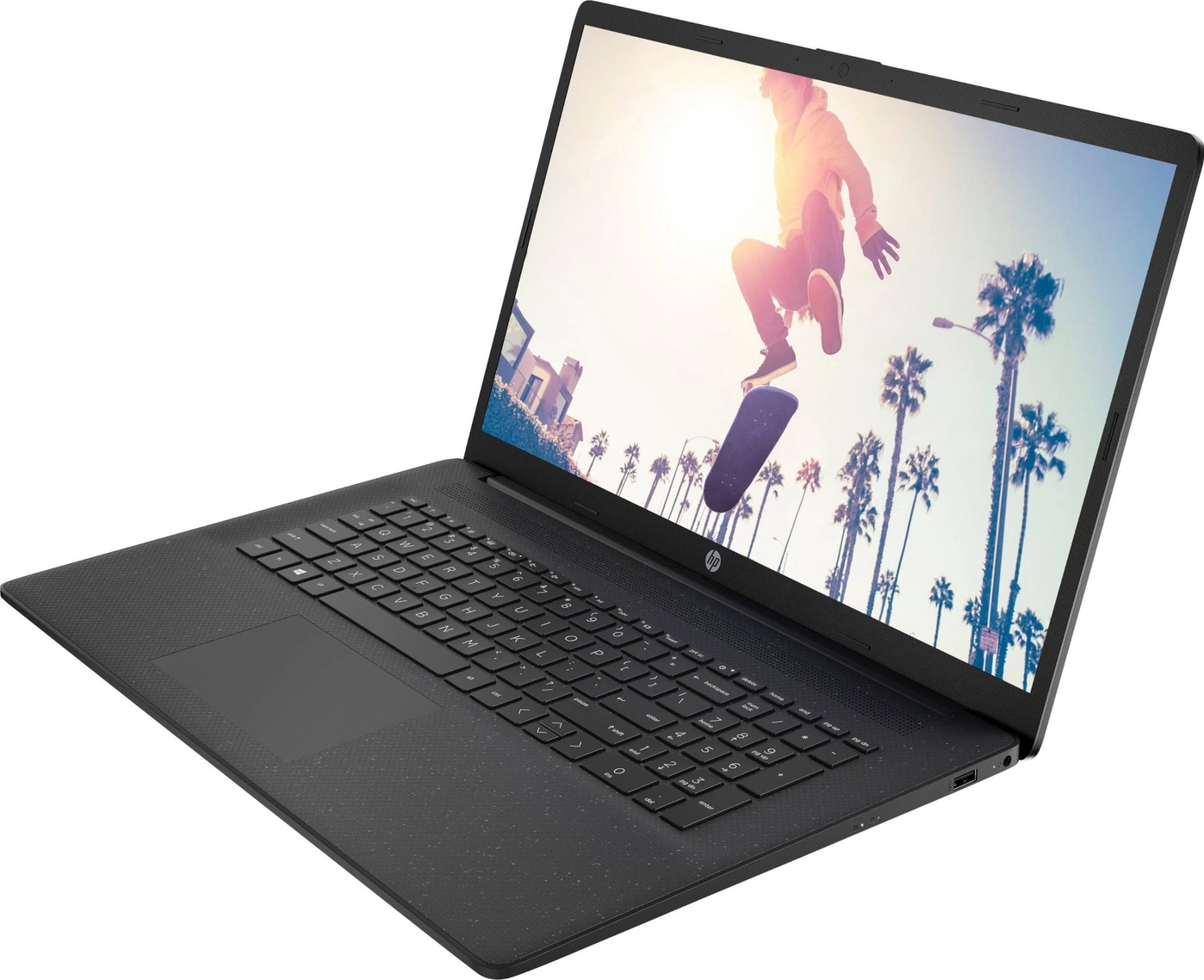 Ein schwarzer HP Laptop mit einem bunten Hintergrundbild.