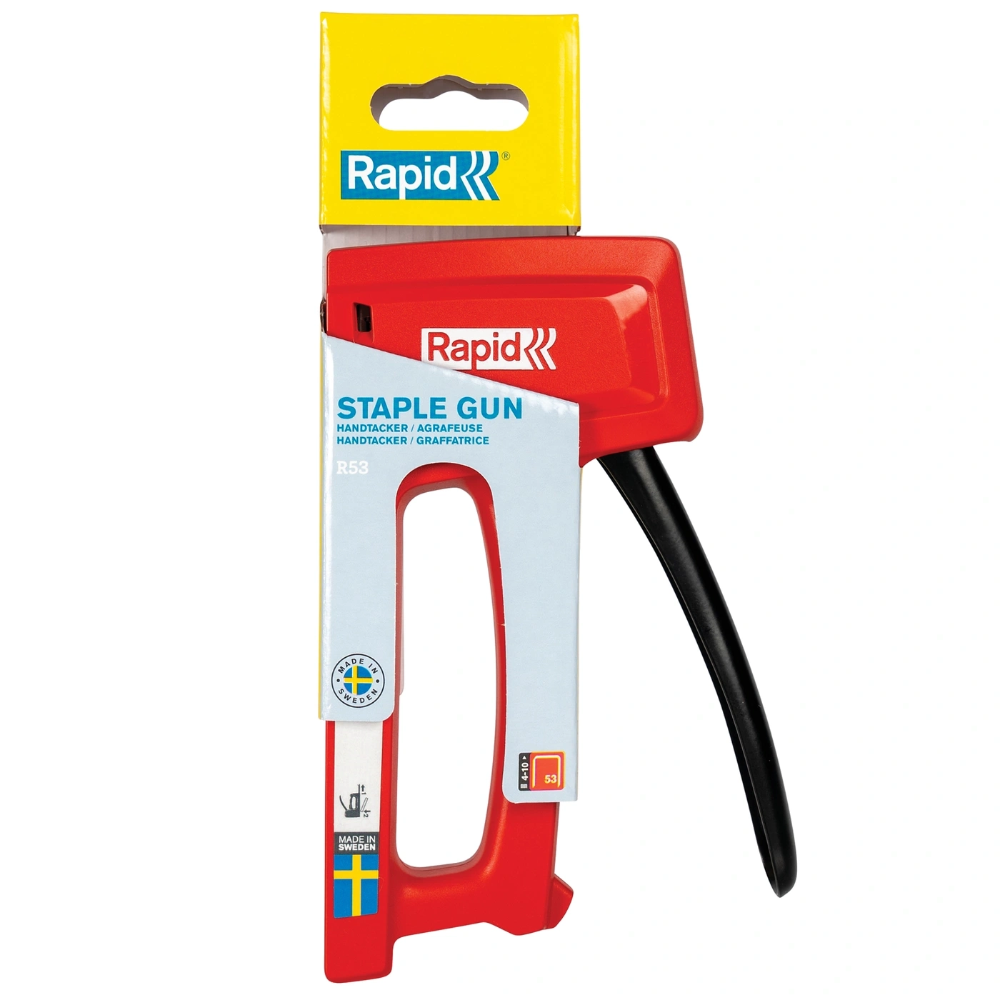 Roter Rapid Handtacker mit gelber Verpackung und schwedischer Flagge