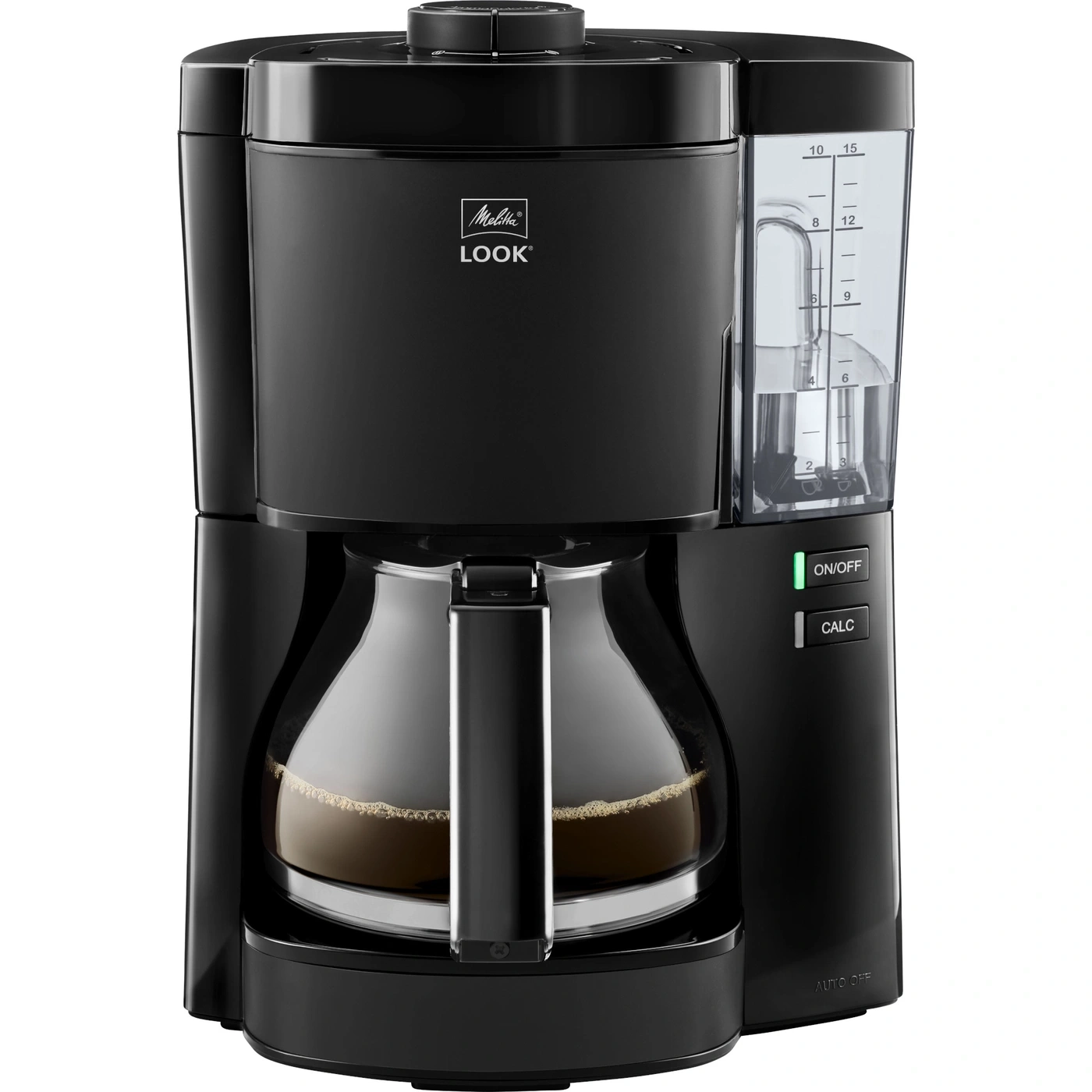 Schwarze Filterkaffeemaschine mit Glaskanne und Wassertank