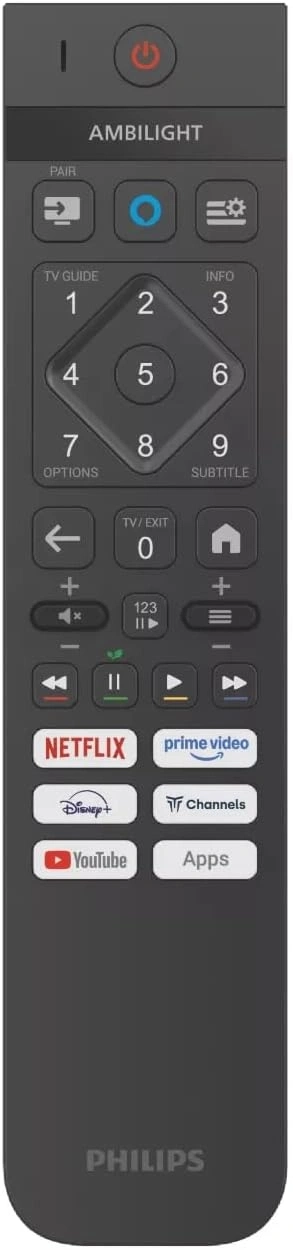 Philips Smart TV Fernbedienung mit Ambilight, Netflix, Prime Video, Disney+, YouTube und Apps-Tasten.