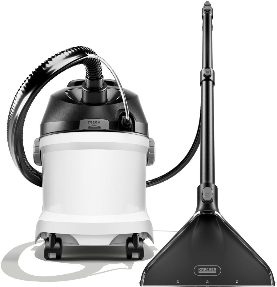 Kärcher-Teppichreiniger, weiß und schwarz, mit Schlauch und Düse, sauber