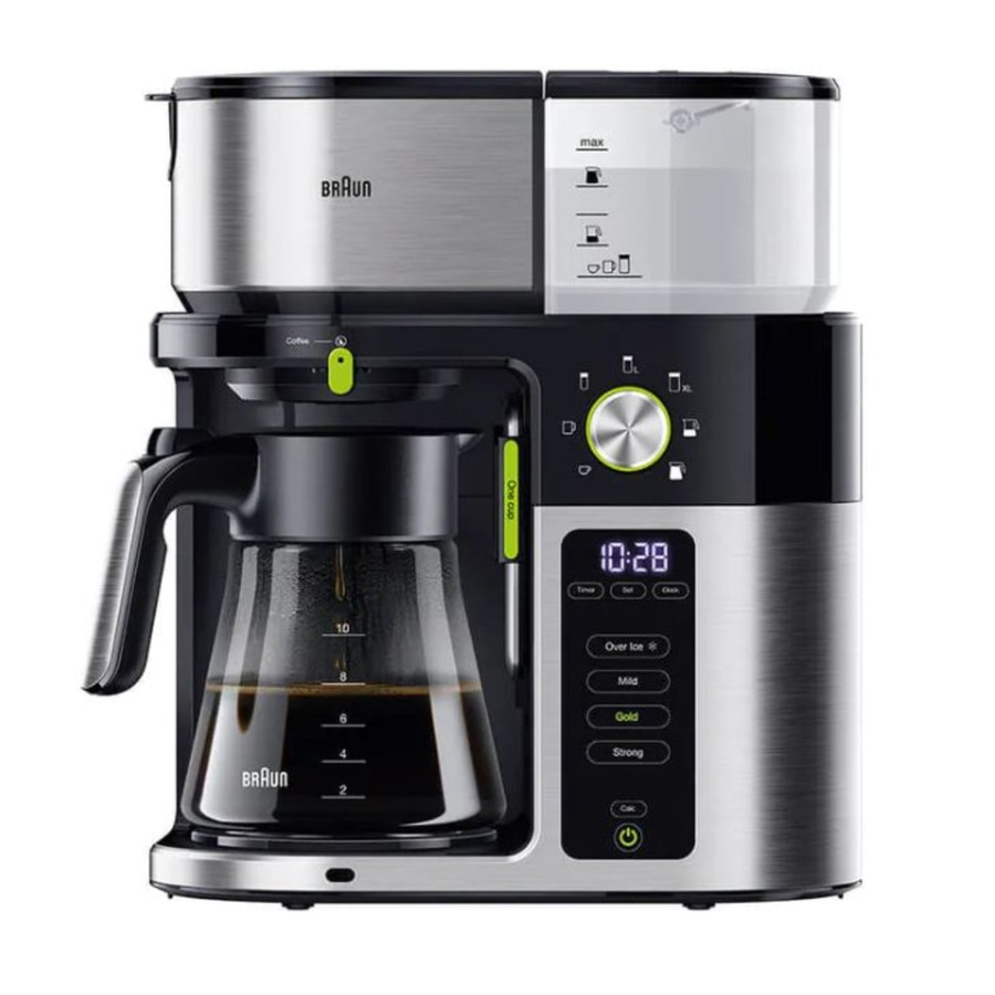 Eine Kaffeemaschine der Marke Braun mit Glaskanne und digitaler Anzeige.