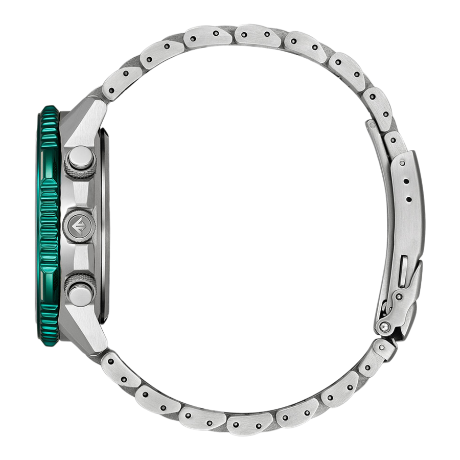 Uhr mit grünem Zifferblatt und silbernem Armband, Seitenansicht