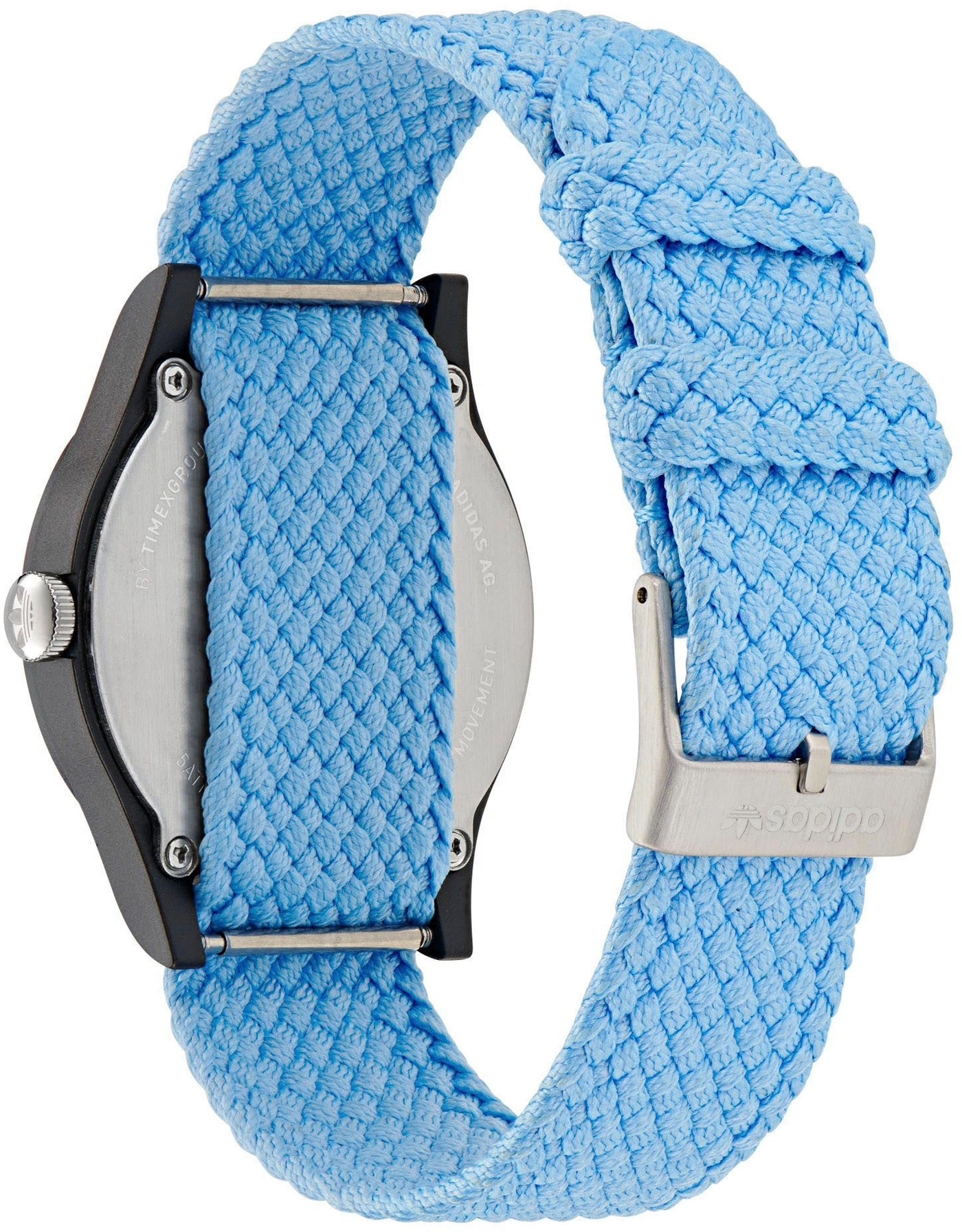 Ein blauer Adidas-Webarmband-Uhr-Rücken mit silbernem Verschluss und Logo.