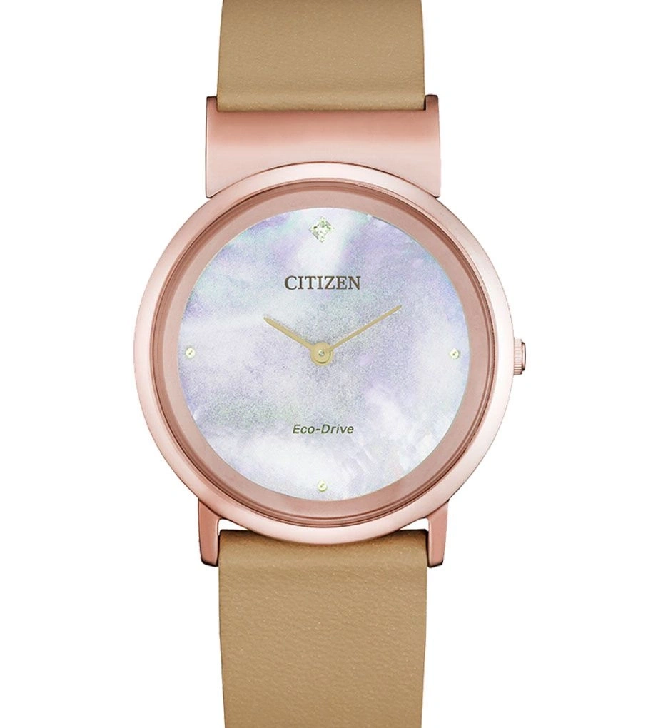 Citizen Damenuhr mit roségoldfarbenem Gehäuse und Lederarmband, Eco-Drive
