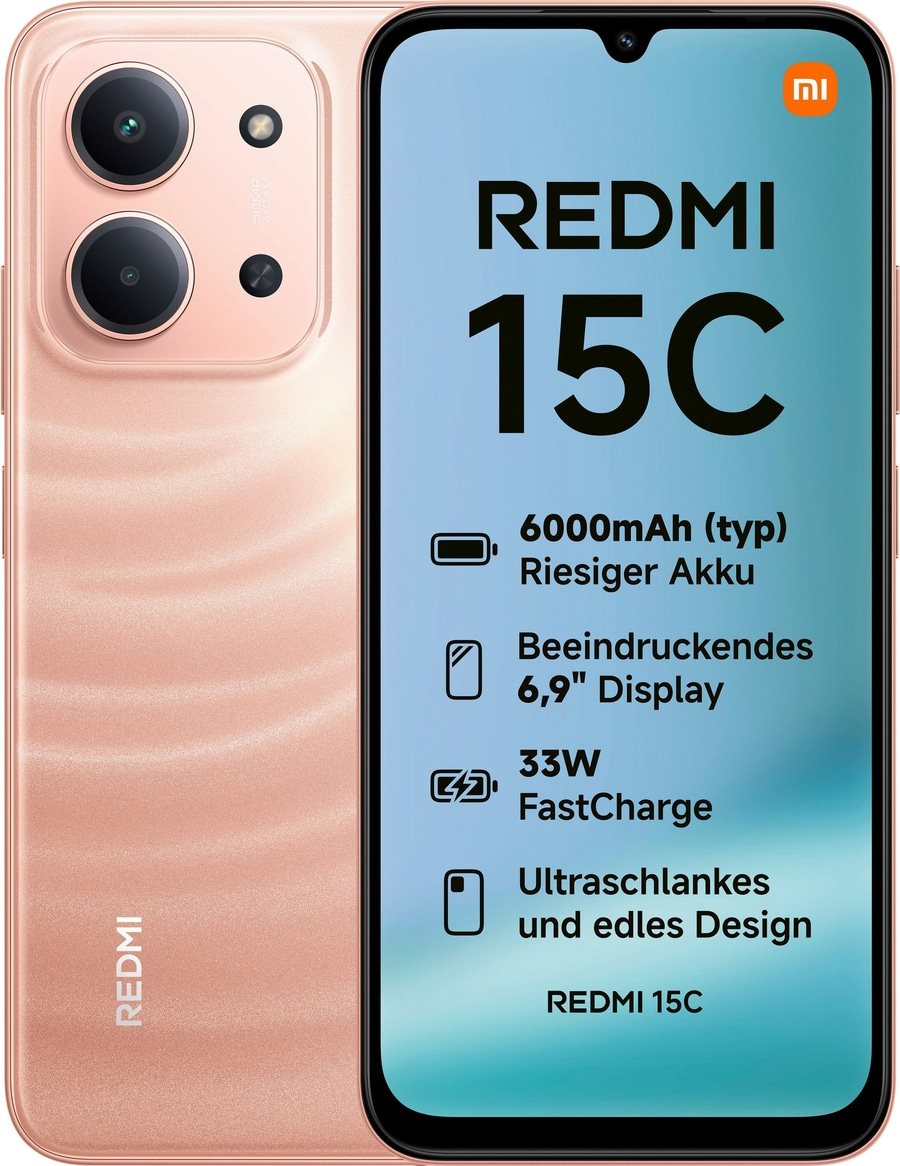 Ein roségoldenes Redmi 15C Smartphone mit großen Akkukapazität und 6,9 Zoll Display.