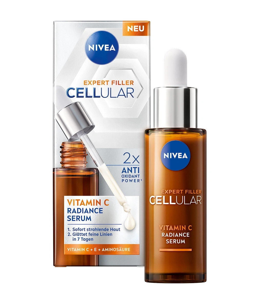 Nivea Vitamin C Radiance Serum mit Pipette und Verpackung.