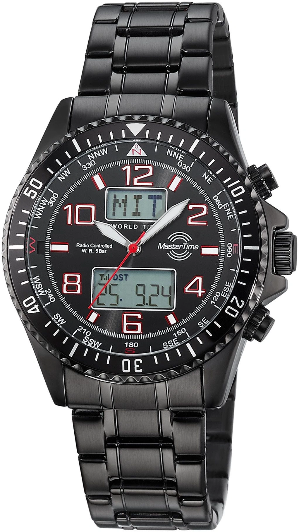 Schwarze Herrenarmbanduhr mit Metallarmband und digitalem Display