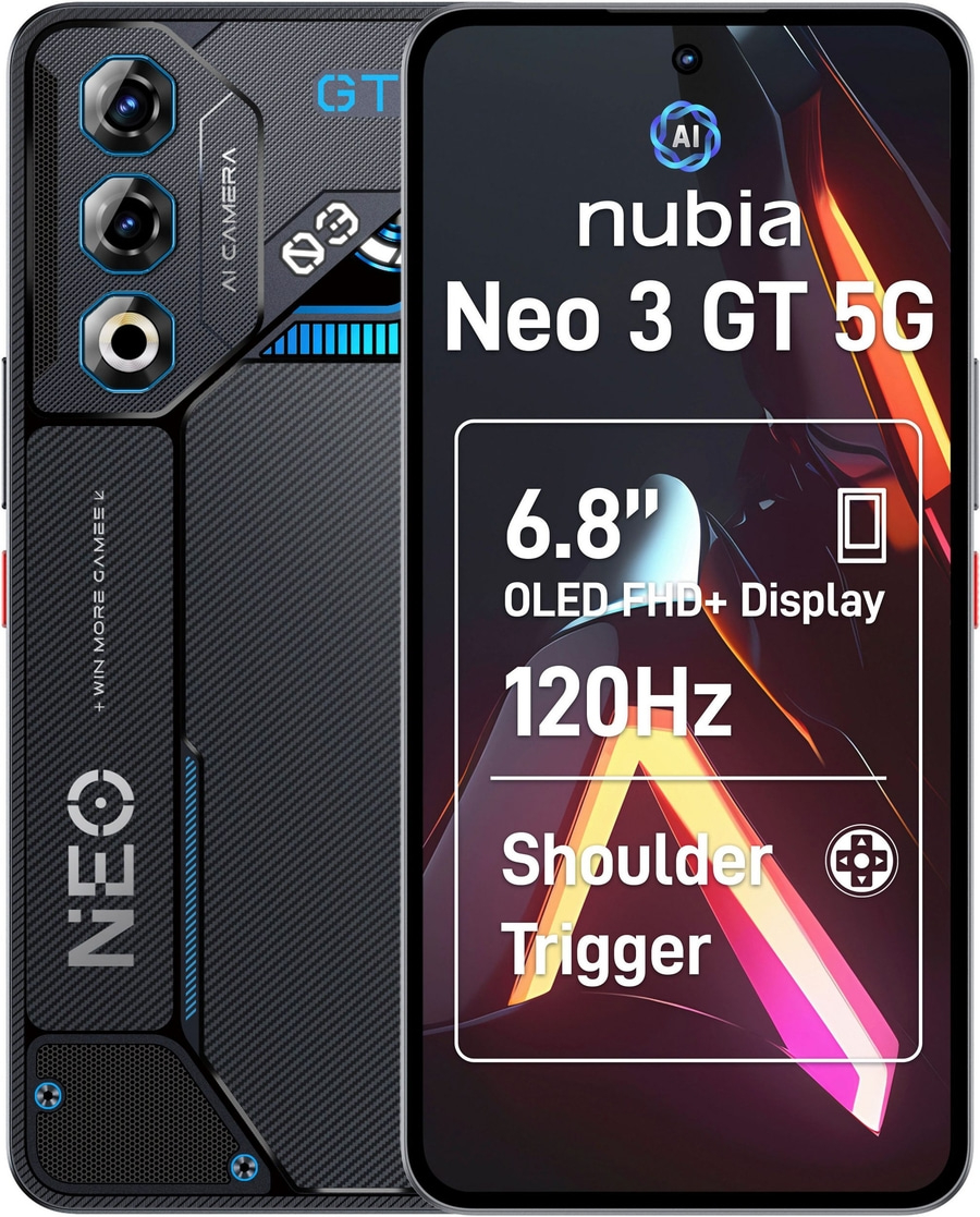 Nubia Neo 3 GT 5G Smartphone mit 6.8 Zoll OLED Display und Schulter-Trigger.
