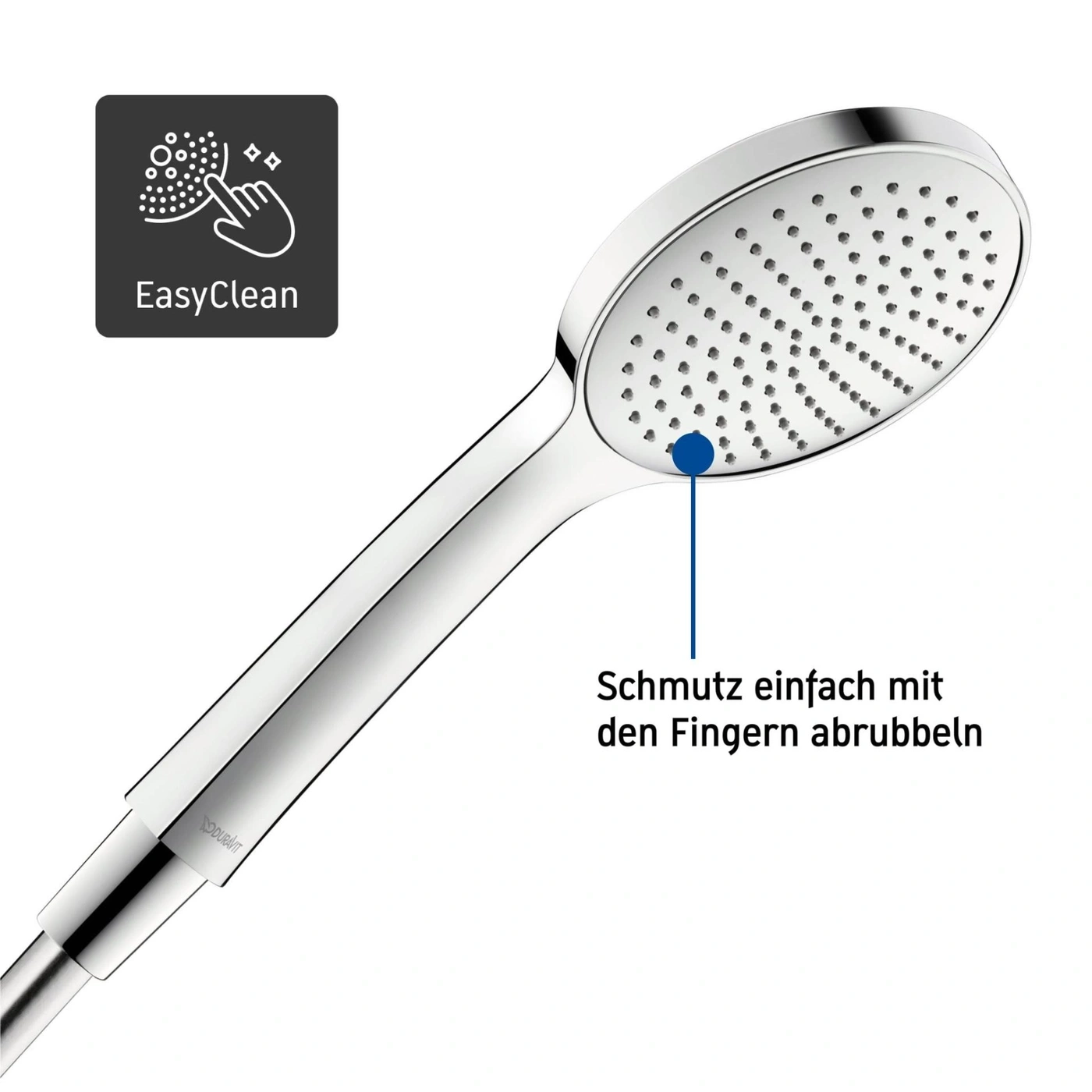 Duschkopf mit EasyClean-Funktion, Schmutz einfach abrubbeln, Duravit-Logo