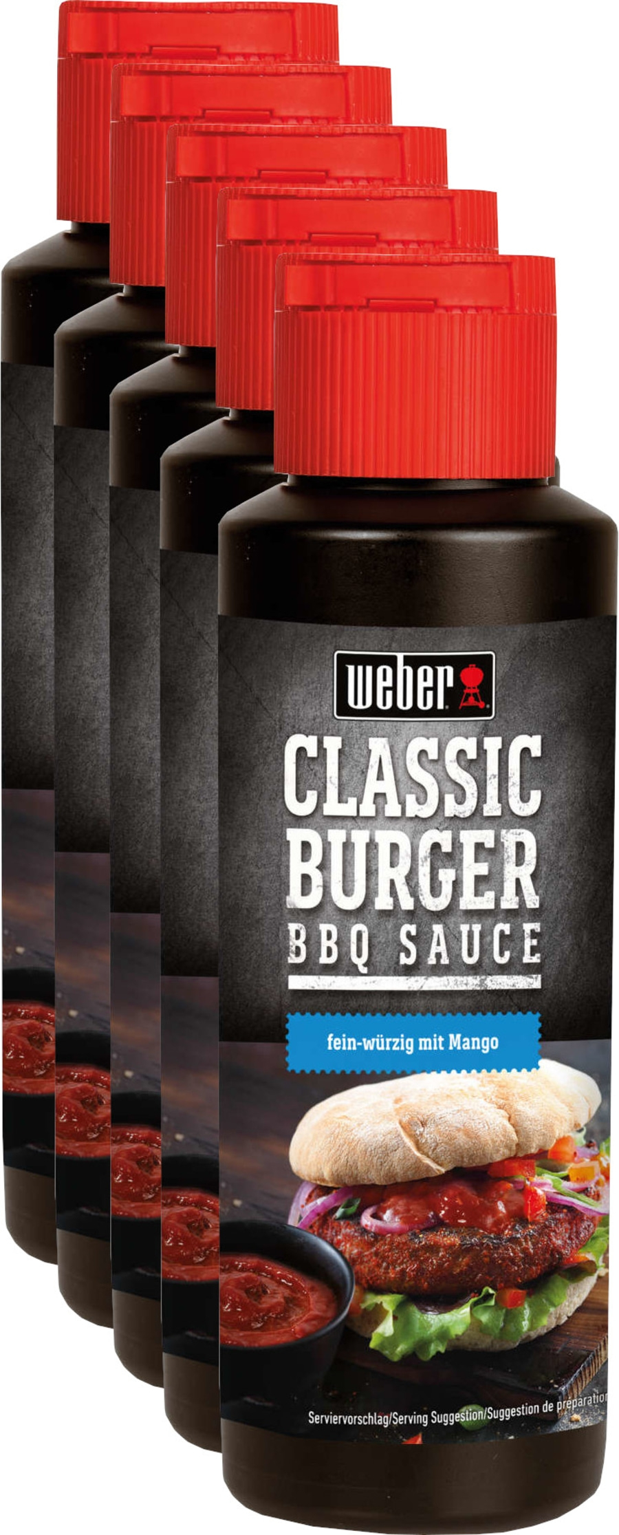 Weber Classic Burger BBQ Sauce, fein-würzig mit Mango, Servierbeispiel, Flaschen