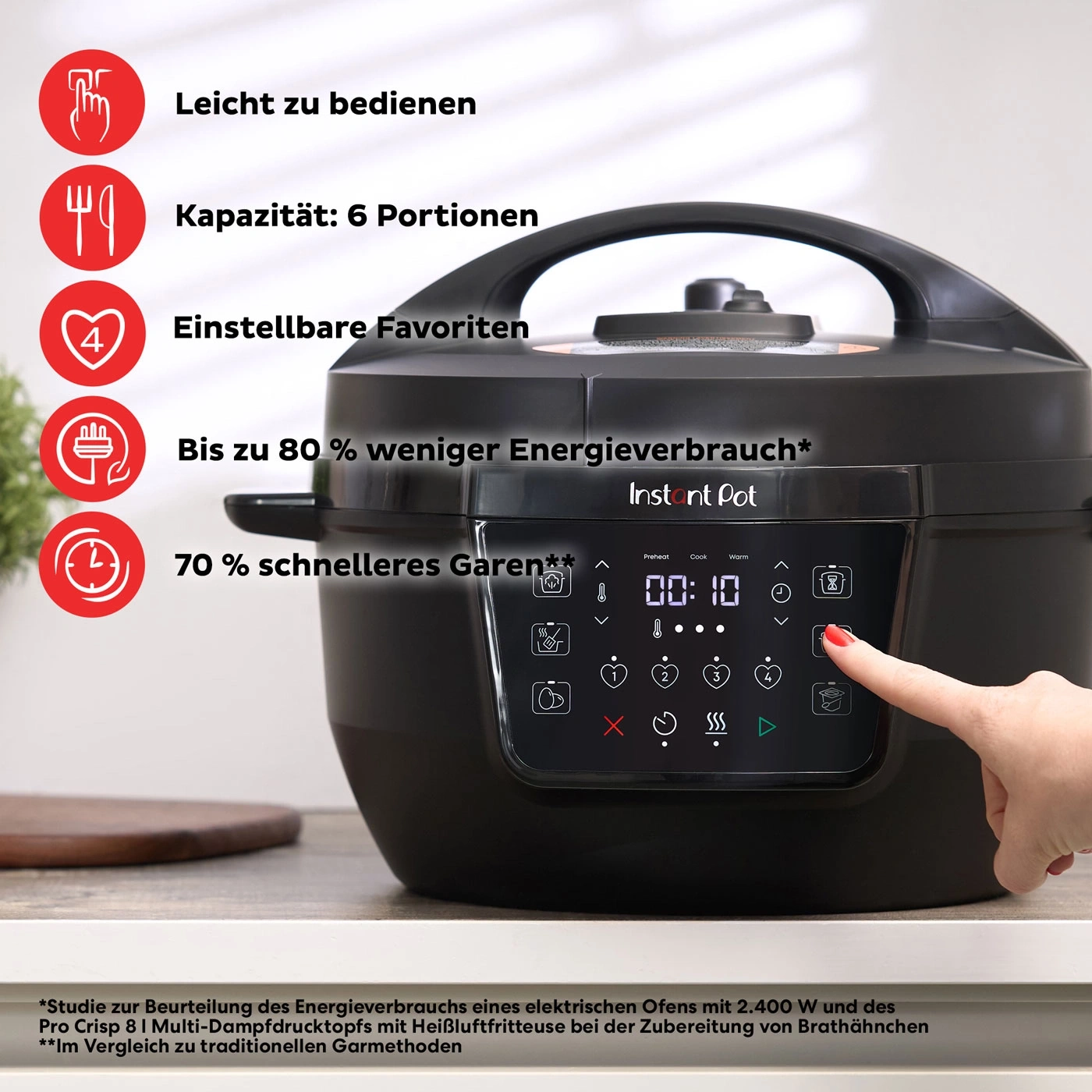 Instant Pot mit Funktionen: leicht zu bedienen, 6 Portionen, Favoriten, Energieeffizienz, schnelles Garen.
