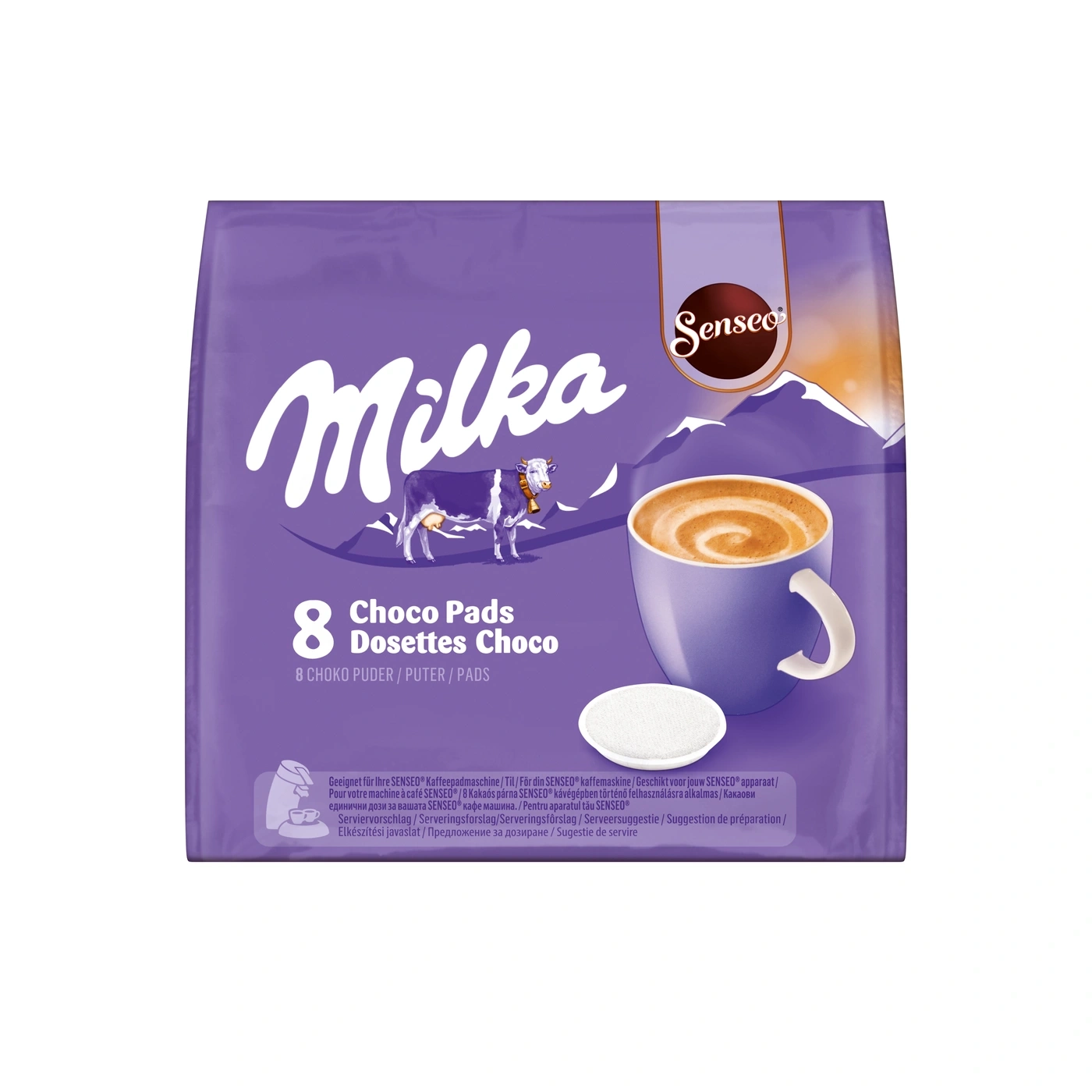 Milka Senseo Choco Pads mit Kuh und Berglandschaft