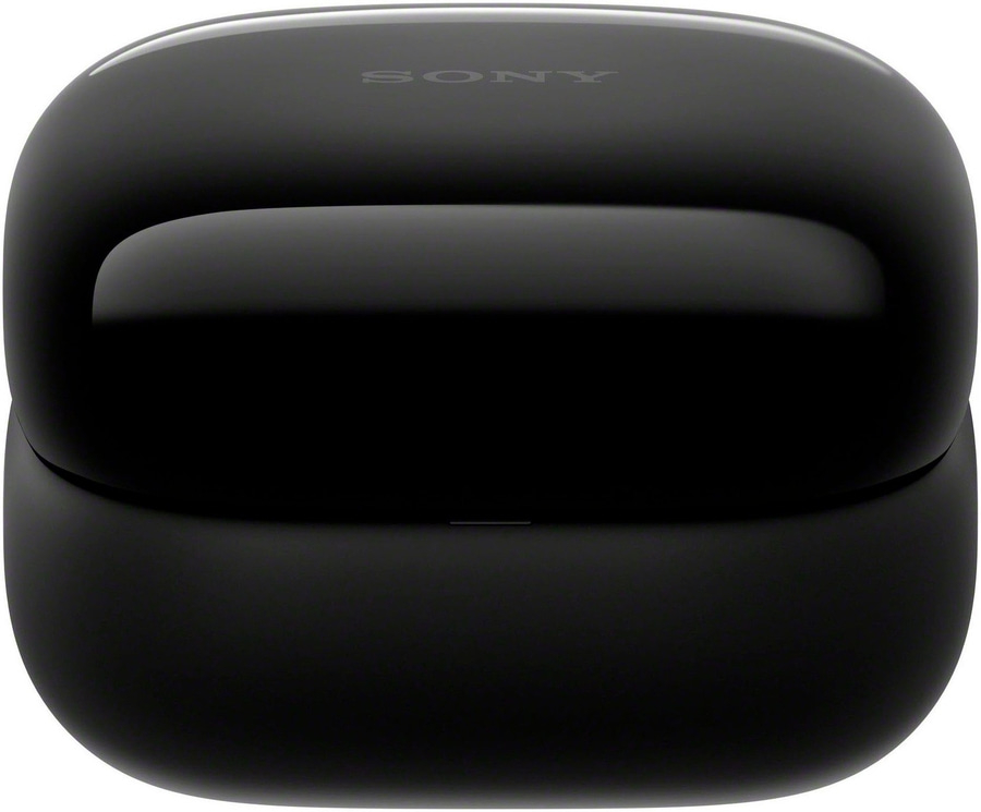 Schwarze Kopfhörer-Ladebox mit Sony-Logo, glänzend und elegant.