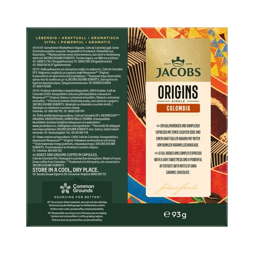 Kaffeekapseln Jacobs Origins Colombia, Espresso, vollmundig, komplex, Karamellschokolade, 93g