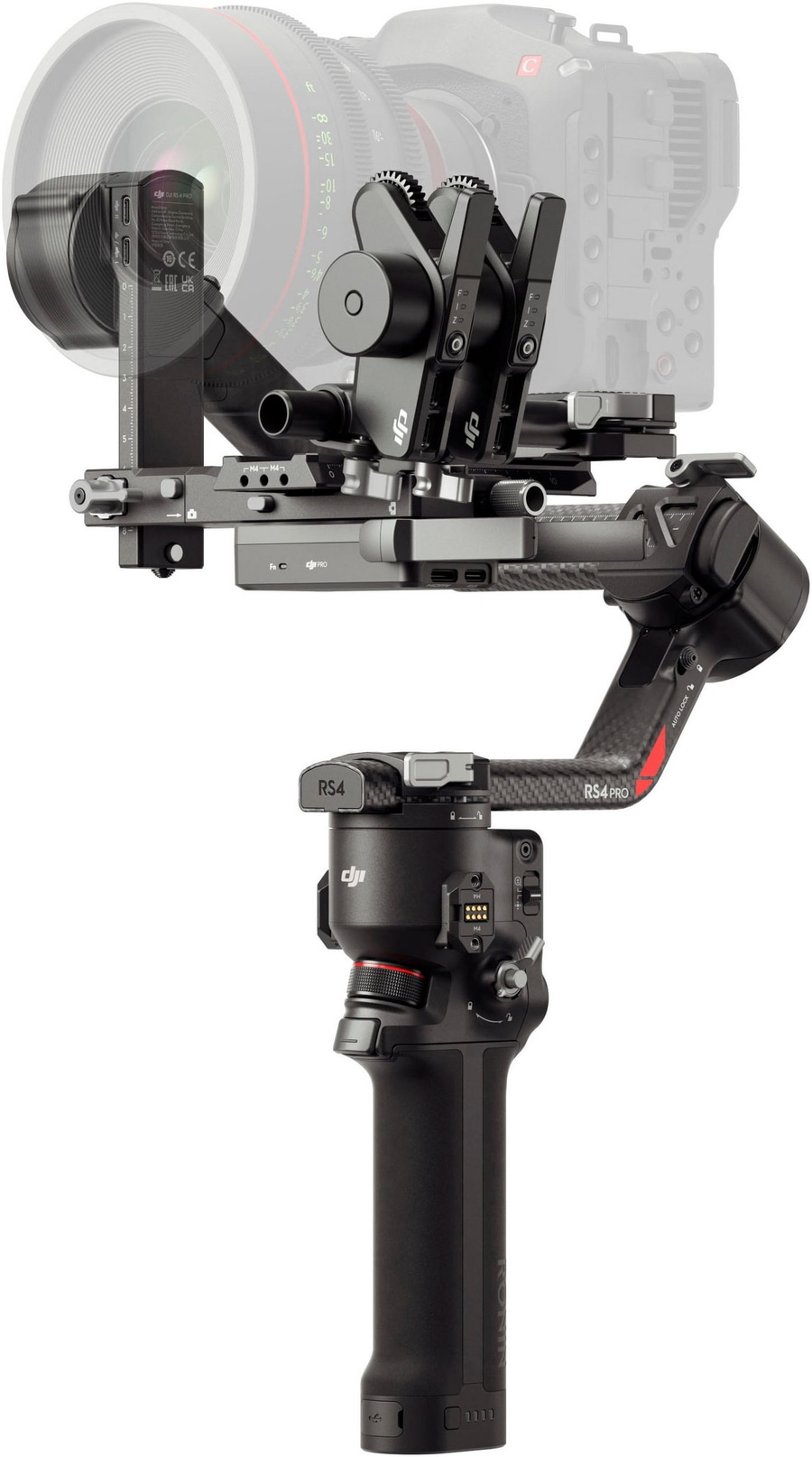 Professioneller DJI RS4 Pro Gimbal mit Kamera und Objektiv, für Videografie und Filmaufnahmen.