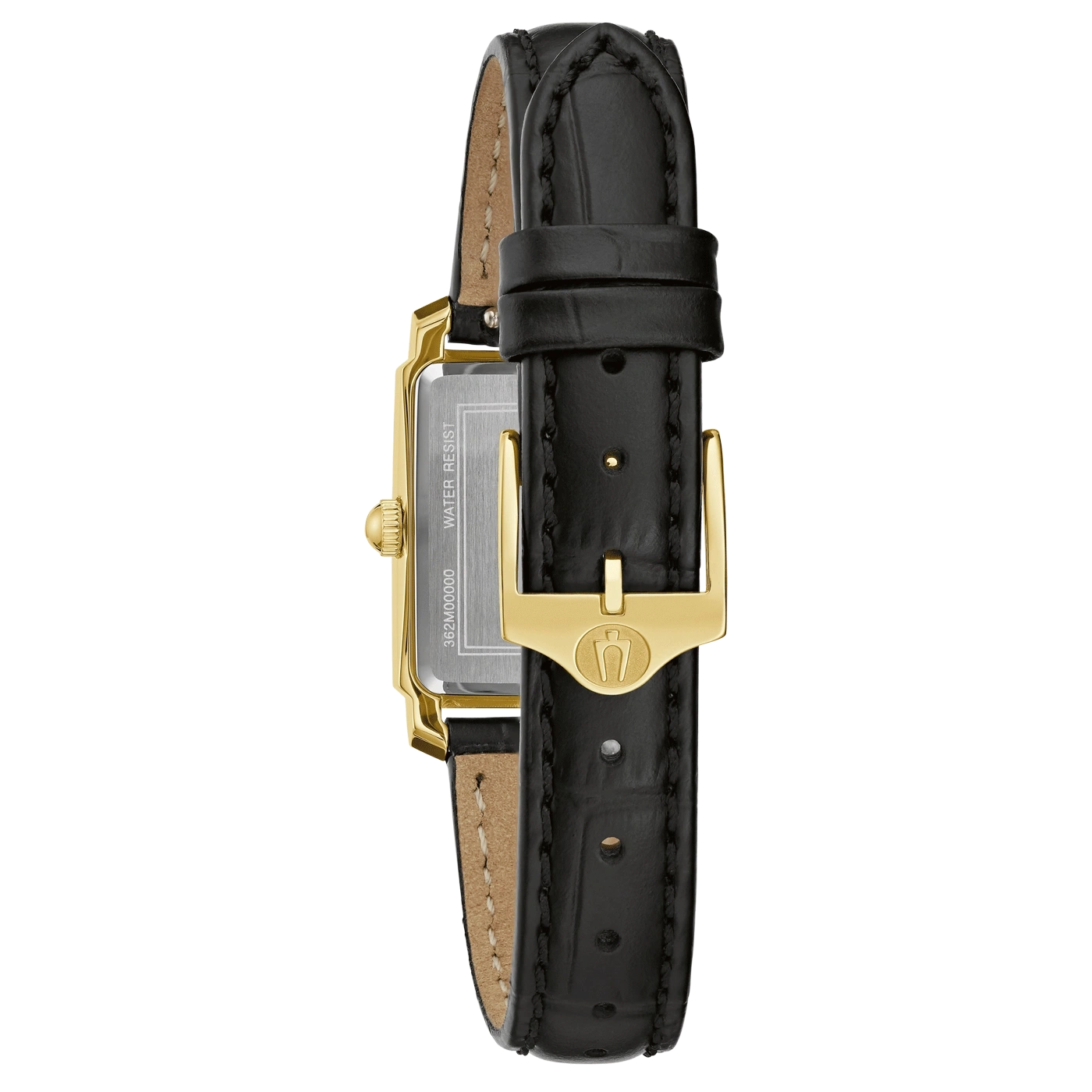 Schwarzes Lederarmband mit goldener Schnalle und Uhrgehäuse