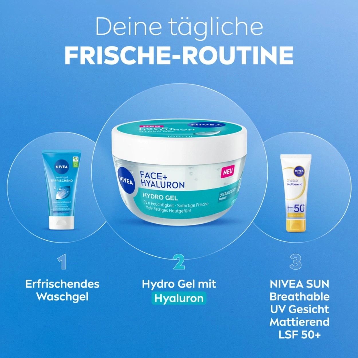 Eine Nivea Gesichtspflege-Routine mit Waschgel, Hydro Gel und Sonnenschutz.