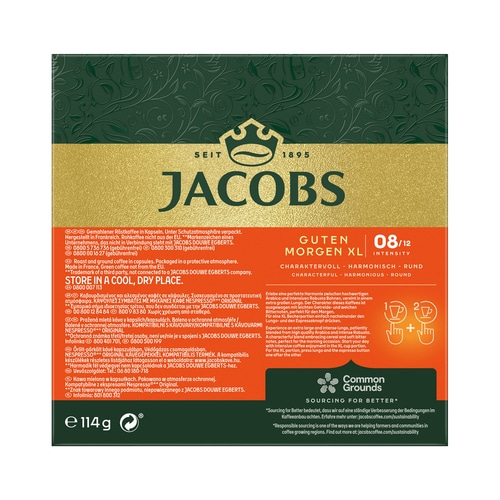 Kaffeekapseln JACOBS, Guten Morgen XL, 08/12, Charaktervoll, harmonisch, rund, 114g, Verpackung