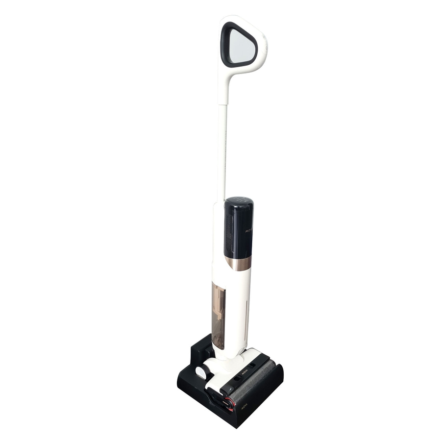 Weißer Staubsauger mit schwarzem Griff und Ladestation. Modernes Design.