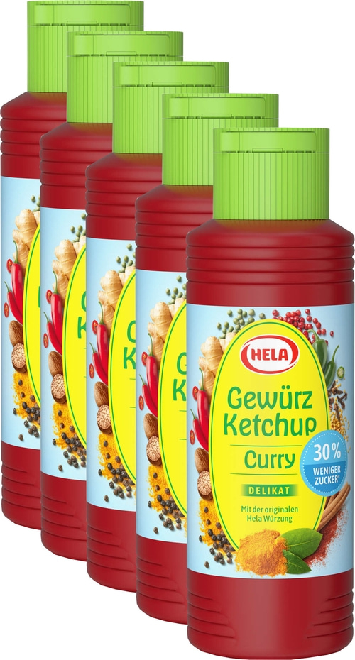 5 x Hela Ketchup Curry delikat 30% weniger Zucker Gewürzketchup 300 ml Flasche