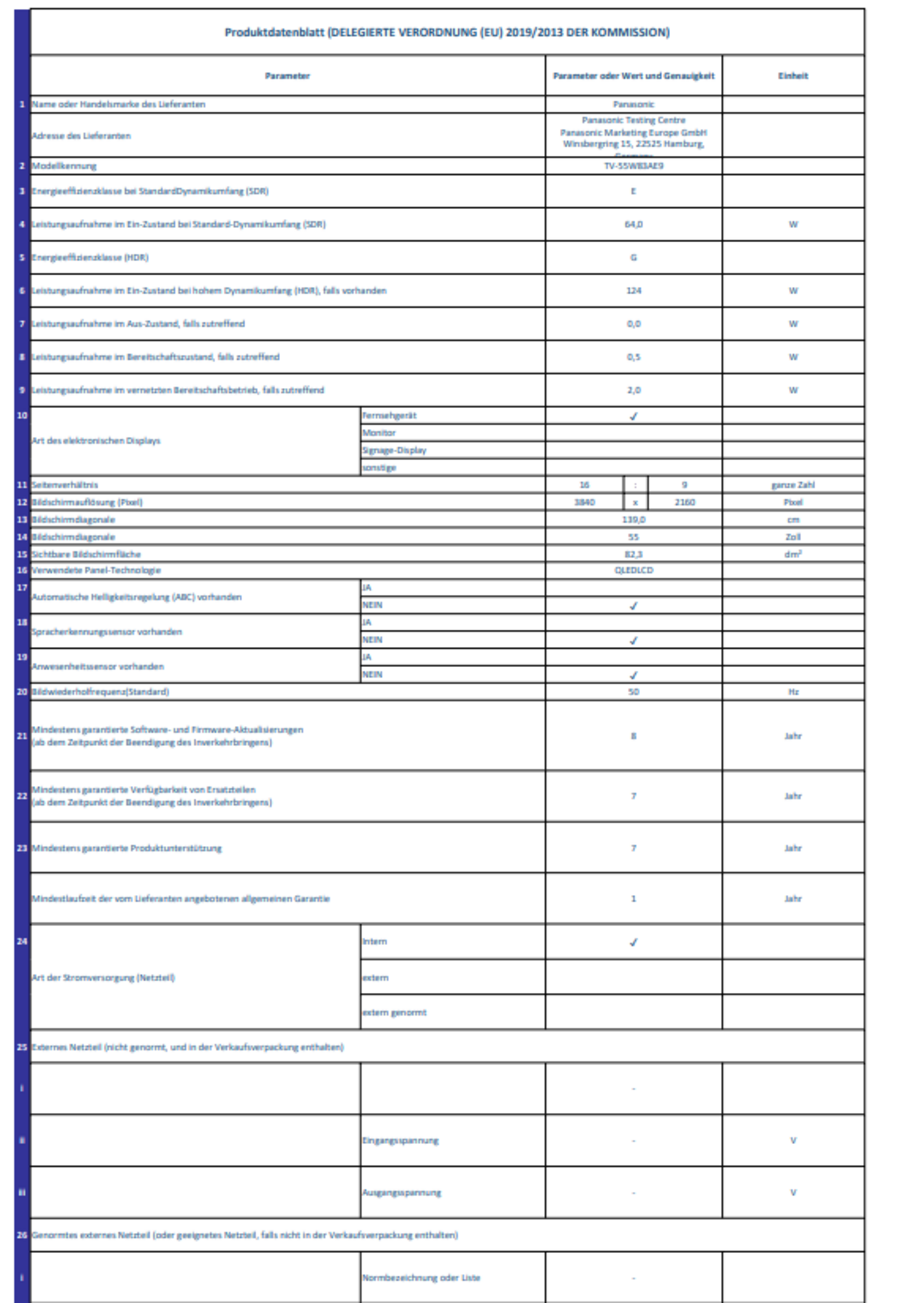 Produktdatenblatt Fernseher: Energieeffizienz, Verbrauch, Display, Funktionen, Stromversorgung, Garantie.
