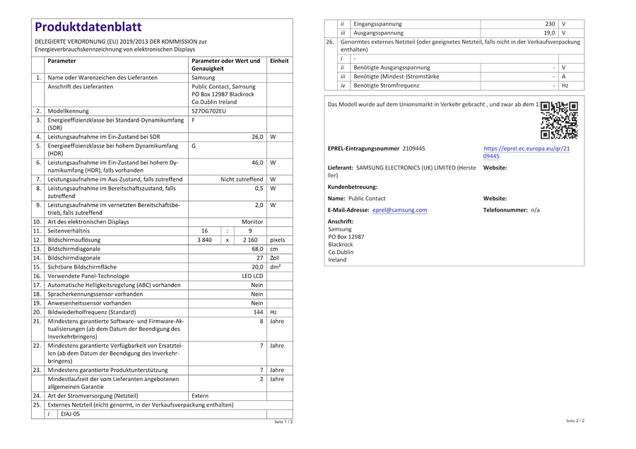 Produktendatenblatt mit Informationen zur Energieeffizienz von Displays und Netzteilen.