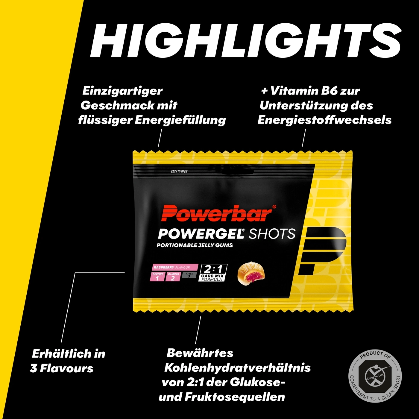 Powerbar Powergel Shots mit Himbeergeschmack und 2:1 Kohlenhydratmix-Formel.