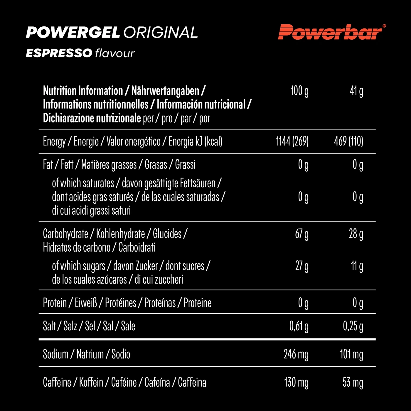 POWERBAR PowerGel Fruit Espresso High Carb Energie Gel Natrium Koffein 24 x 41 g