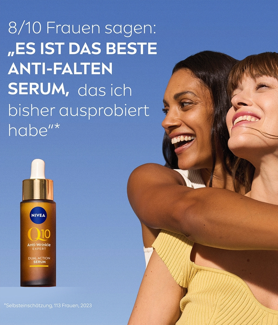 Nivea Q10 Anti-Falten Serum, zwei lächelnde Frauen, Text.