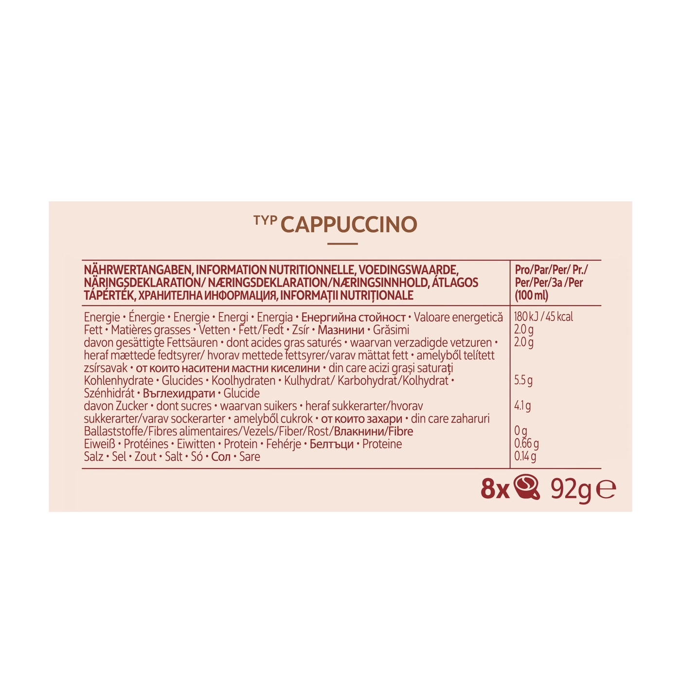 Nährwertangaben für Cappuccino-Kaffeepulver, 8x92g Packung.