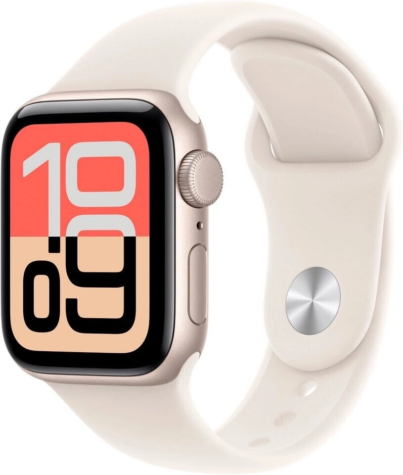 Eine Apple Watch mit einem hellbeigen Armband und einem Zifferblatt, das die Uhrzeit anzeigt.
