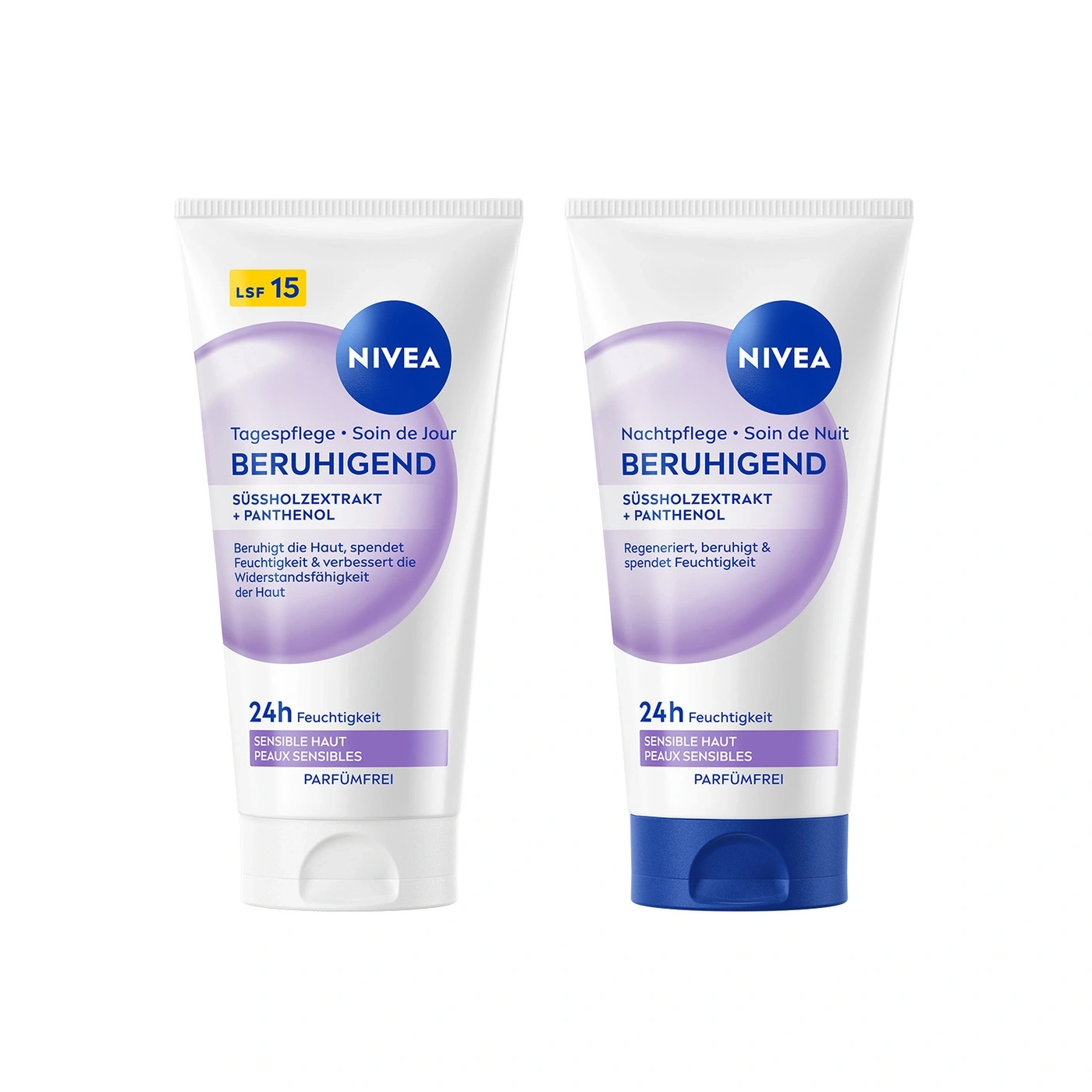Zwei Nivea Cremes, Tages- und Nachtpflege, beide beruhigend mit Süssholextrakt und Panthenol.