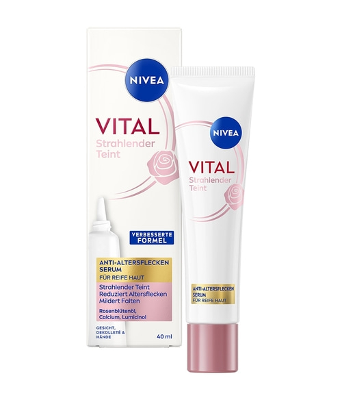 Nivea Vital strahlender Teint Anti-Altersflecken Serum mit Rosenblütenöl, Calcium, Luminol.