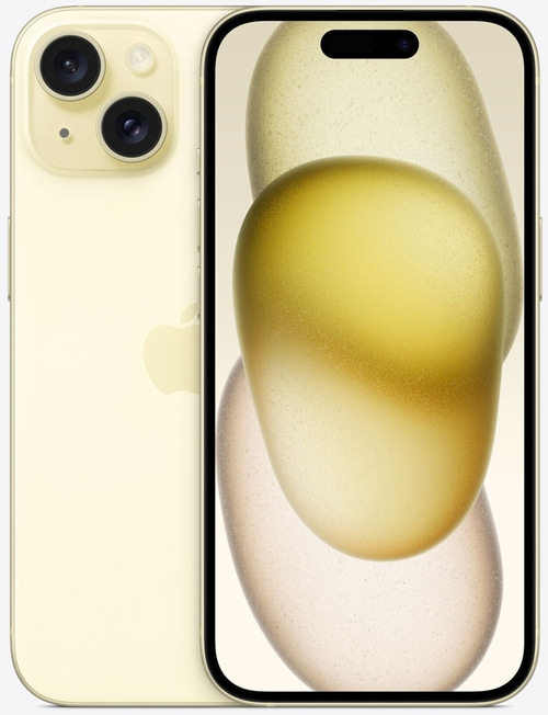 Gelbes iPhone mit zwei Kameras und einem Bildschirm mit gelben Formen.