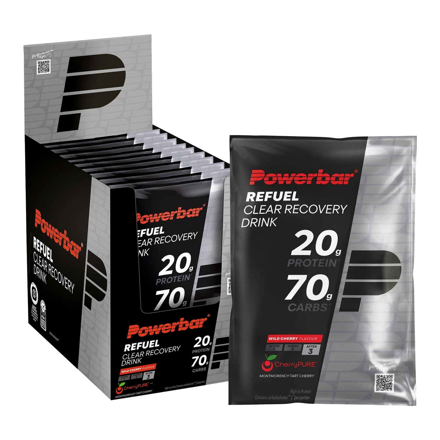 Eine Packung und eine offene Schachtel mit Powerbar Refuel Clear Recovery Drink im Geschmack Wildkirsche.