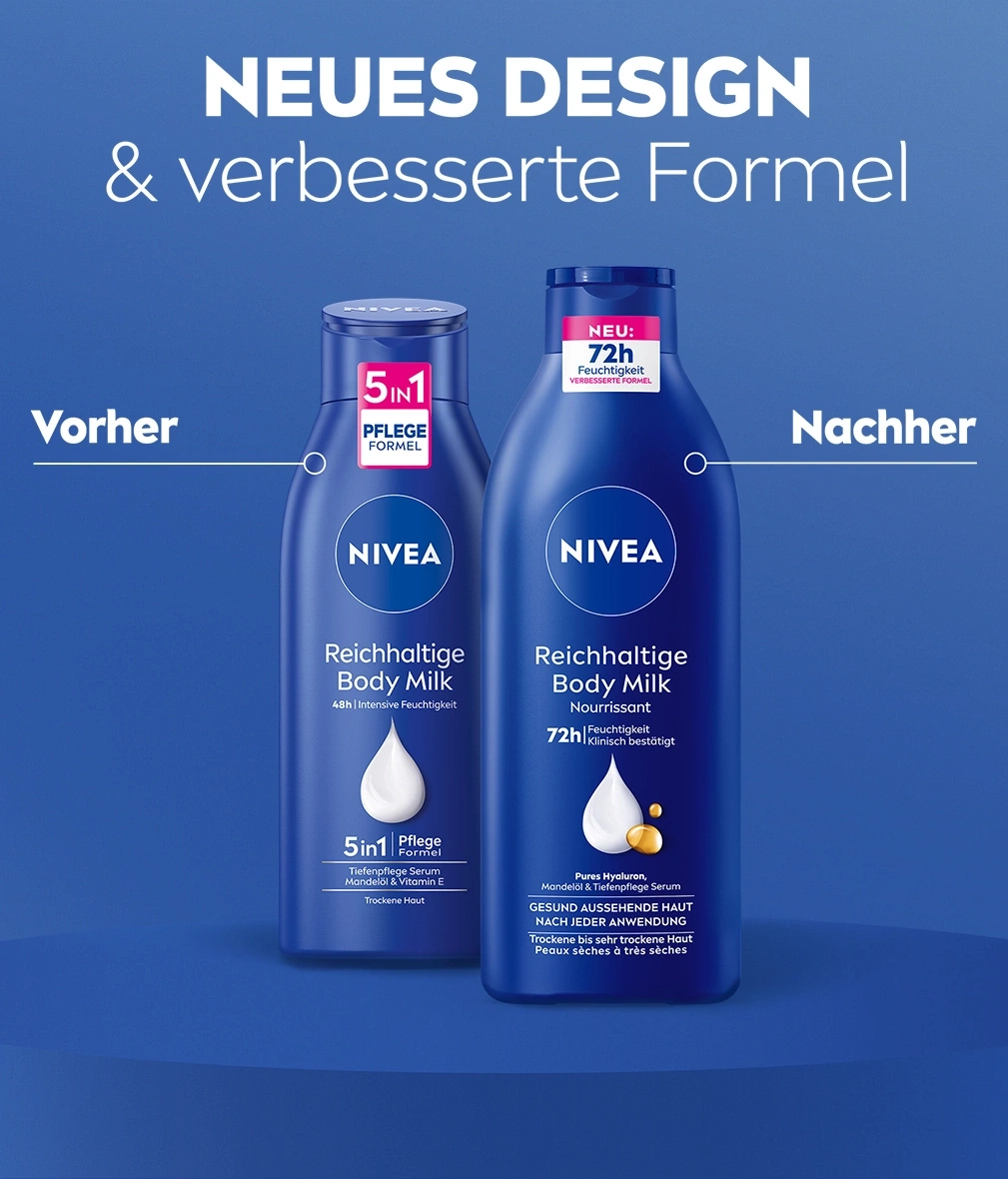 Nivea Body Milk: Vorher-Nachher-Vergleich, neues Design, verbesserte Formel, 72h Feuchtigkeit.