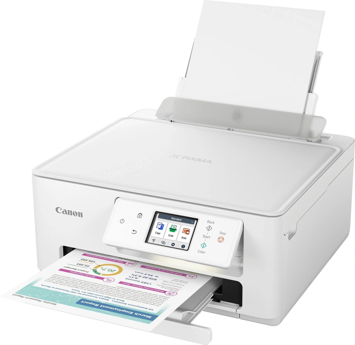 Weißer Canon-Drucker mit einem gedruckten Bericht, der auf dem Ausgabefach liegt.