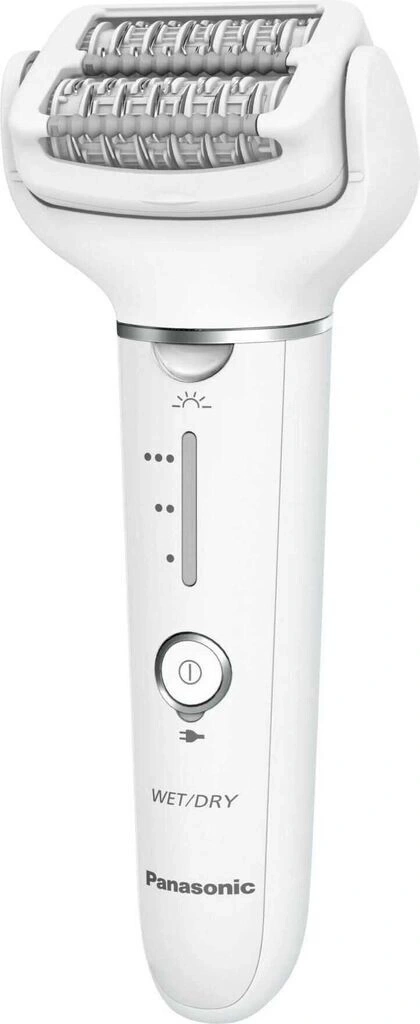 Ein weißer Panasonic Epilierer mit zwei Reihen von Pinzettenaufsätzen und Wet/Dry-Funktion.