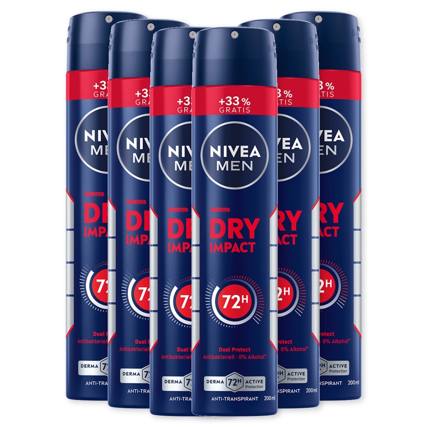 Sechs NIVEA MEN Dry Impact Antitranspirant-Sprays mit 72h Schutz