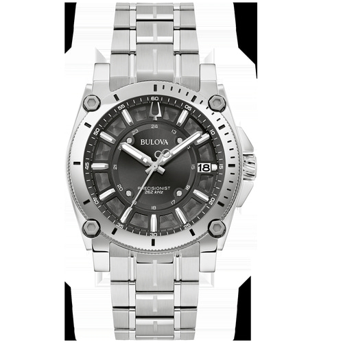 Bulova Precisionist Herrenuhr, silbernes Armband, schwarzes Zifferblatt, Datumsanzeige, 262 kHz