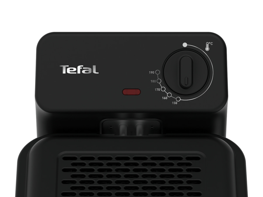 Schwarze Fritteuse mit Temperaturregler und Tefal-Logo. Temperaturanzeige in Celsius.