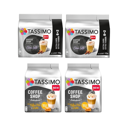 Tassimo Chai Latte und Tassimo Toffee Nut Latte Kaffee-Pads.